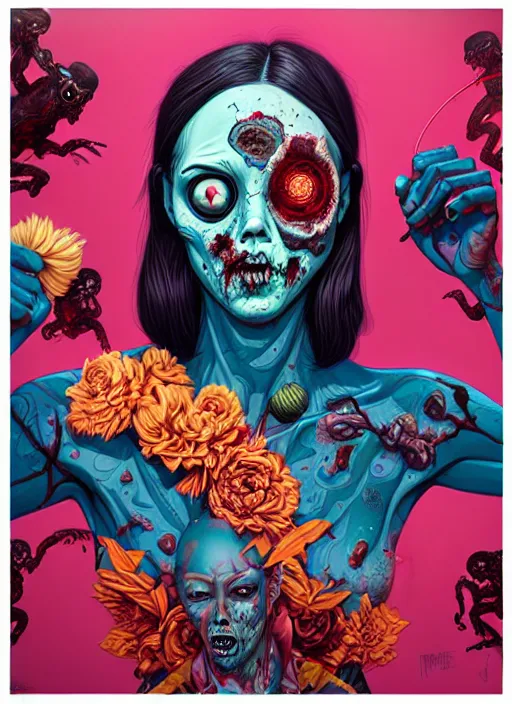 Prompt: zombies throwing brains, tristan eaton, victo ngai, artgerm, rhads, ross draws, hyperrealism, intricate detailed