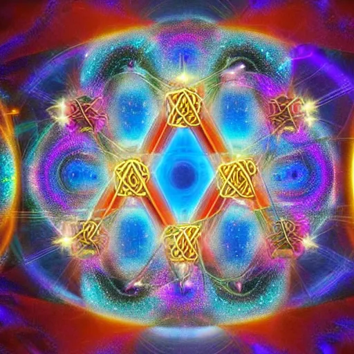 Image similar to quantum mechanical transdimensional threads that connect all human minds to cosmic awareness | scientific psychedelic mystical occult religious imagery