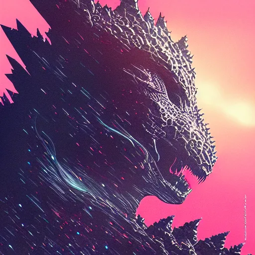 Prompt: a close up drawing of godzilla by takash murakami, beeple and james jean, aya takano color style, 4 k, super detailed, night sky, digital art, digital painting, celestial, majestic, colorful