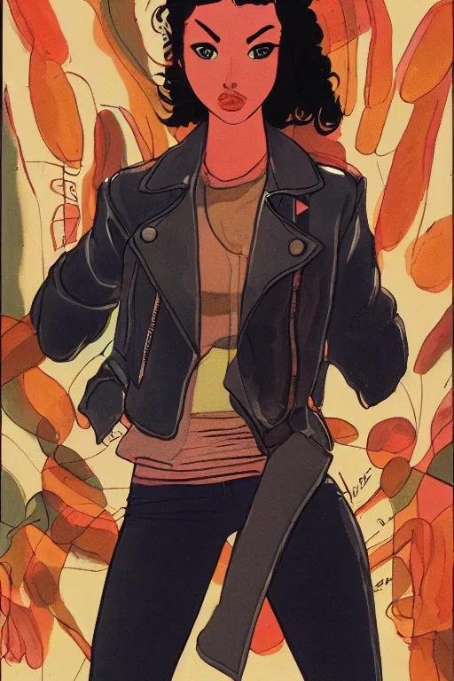 Image similar to portrait of an attractive young female protagonist, center focus, wearing leather jacket, in city street, detailed artwork by ralph bakshi
