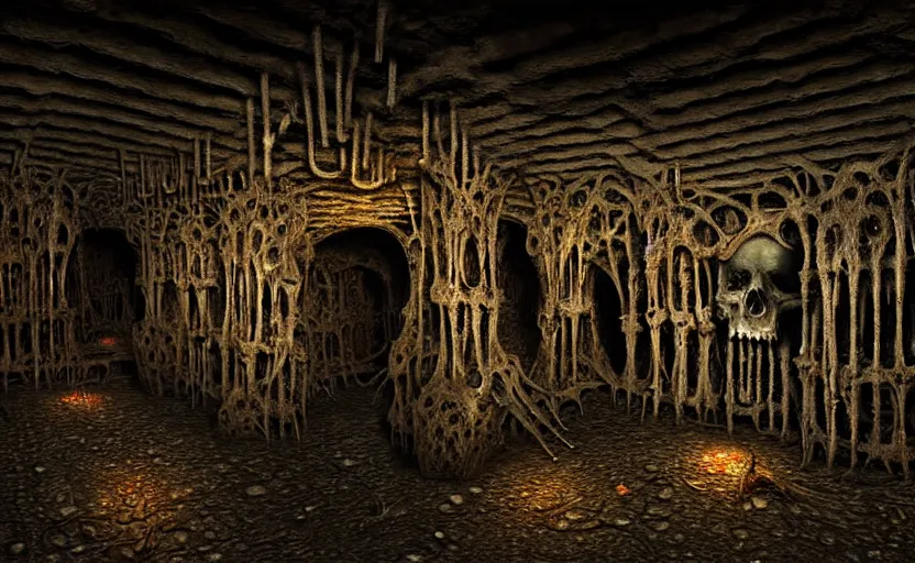 Image similar to grimy dark catacombs of infected skeletal remains by hr giger and zdzisław beksinski, fine details, digital art, volumetric lighting, cinematic light, photorealistic
