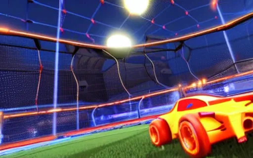 Image similar to rocket league, car soccer, boom, goal, demo, explosion, action shot, lens flares, rim light, raytracing, glow, haze, hyper - realistic, micro details, octane render, unreal engine, cinematic shot