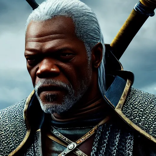 Prompt: closeup portrait of samuel jackson as geralt in the witcher, city background, dramatic light, gorgeous view, depth, high detail, digital art, concept art painted by greg rutkowski and seb mckinnon, neuromancer, trending on artstation