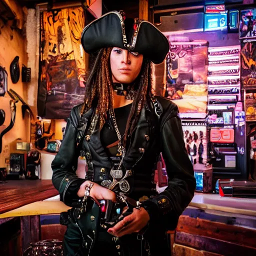 Image similar to a high quality portrait of a beautiful pirate in a cyberpunk cyberpunk cyberpunk cafe, realism, 8k, award winning photo