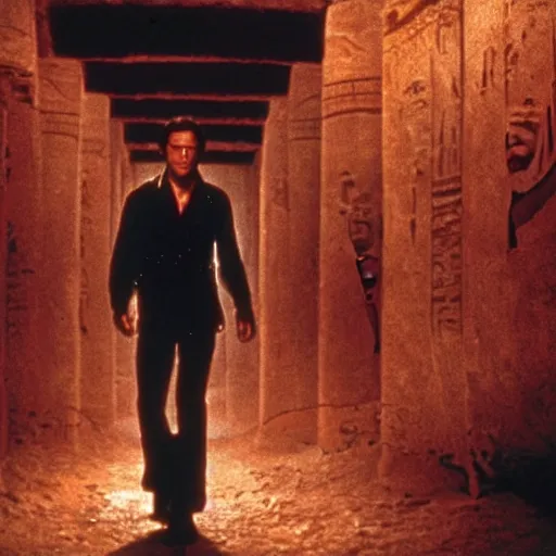 Prompt: film still of Joseph Gordon Levitt as Indiana Jones, walking through an Egyptian tomb in temple of doom film, 4k