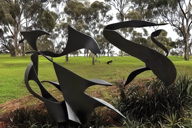 Image similar to “dramatic award-winning sculpture in an Australian wetlands, sculpture garden”