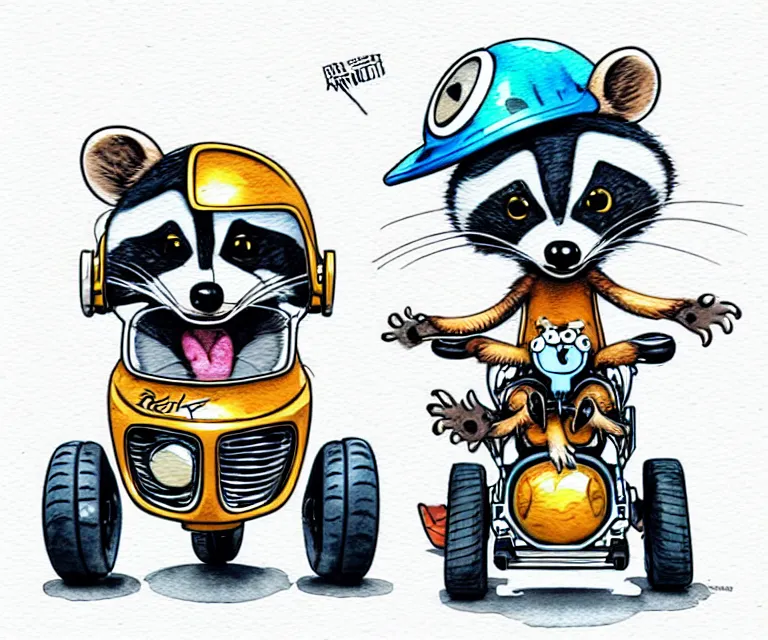 Image similar to cute and funny, racoon wearing a helmet riding in a tiny motorized wheelchair, ratfink style by ed roth, centered award winning watercolor pen illustration, isometric illustration by chihiro iwasaki, edited by range murata