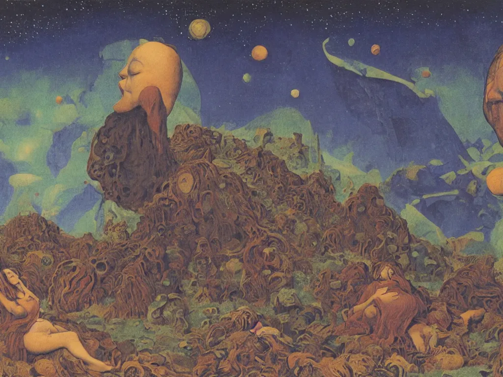 Image similar to Portrait of a sleeping pregnant woman thistles in the ruined acid eaten city. Aurora night, sweaty mountain, African mask. Constellations, meteor crater. Painting by Jan van Eyck, Agnes Pelton, Rene Magritte, Jean Delville, Max Ernst, Maria Sybilla Merian