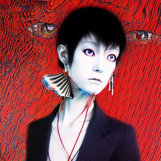 Image similar to yoshitaka amano blurred and dreamy realistic three quarter angle horror portrait of a sinister young woman with short hair, big earrings and red eyes wearing office suit with tie, junji ito abstract patterns in the background, satoshi kon anime, noisy film grain effect, highly detailed, renaissance oil painting, weird portrait angle, blurred lost edges