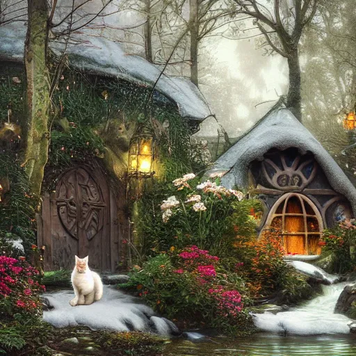 Image similar to cat in medieval hobbit house, ornate, beautiful, atmosphere, vibe, mist, smoke, fire, chimney, rain, wet, pristine, puddles, melting, dripping, snow, creek, lush, ice, bridge, forest, roses, flowers, by stanley artgerm lau, greg rutkowski, thomas kindkade, alphonse mucha, loish, norman rockwell