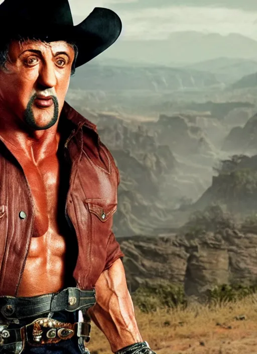 Prompt: an film still of sylvester stallone as cowboy with beard, western background, unreal engine. amazing likeness. very detailed.