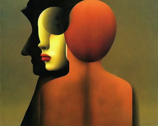 Image similar to change by rene magritte and beksinski, hybrid stylistic creation