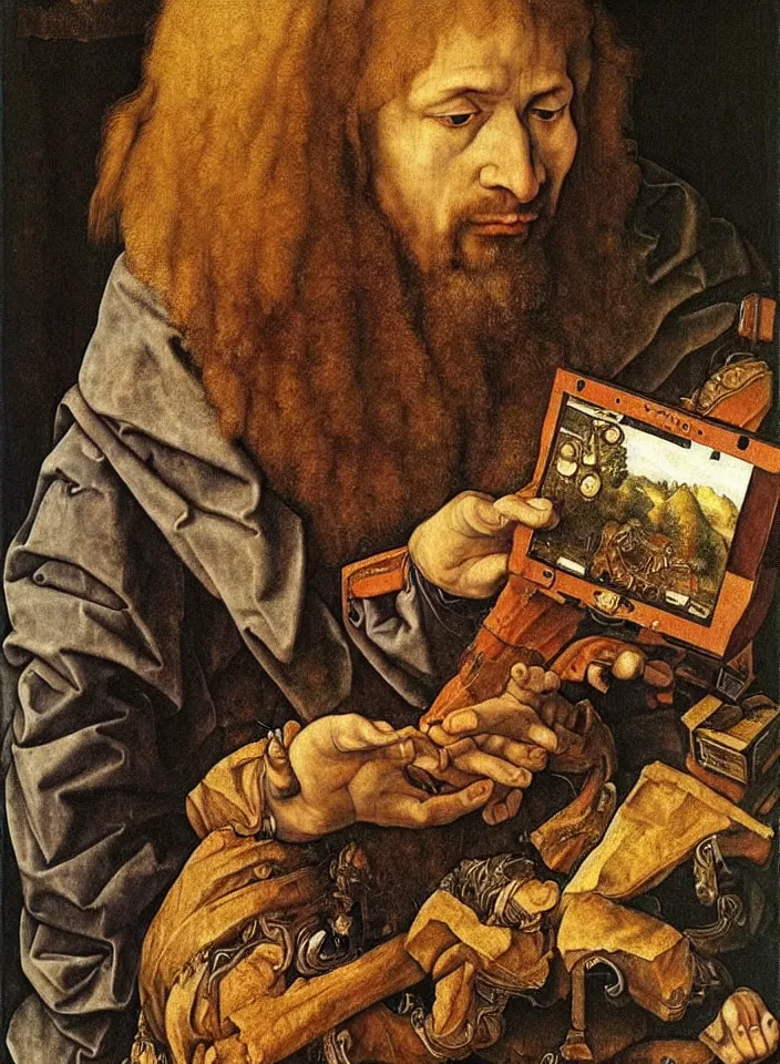 Image similar to Man playing video games. Painting by Albrecht Dürer. Intricate details. hyper realism. Masterpiece.