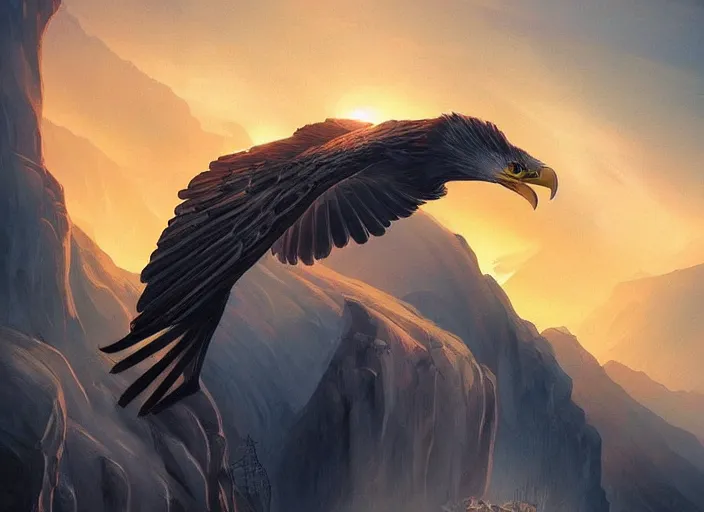 Image similar to majestic eagle made out of light soars over a canyon of darkness, sunset, beautiful, extremely detailed, concept art, artgerm, trending on artstation, powerful imagery, award - winning, fantasy aesthetic,
