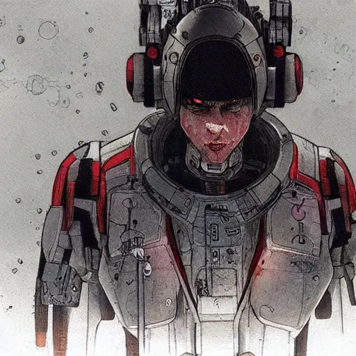 Prompt: Cyborg from Ghost in the shell by Enki Bilal, cyberpunk noir, impressive perspective, aesthetic, masterpiece