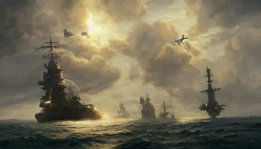 Image similar to dragon breathing fire in the sky above a single navy sailing ship by greg rutkowski