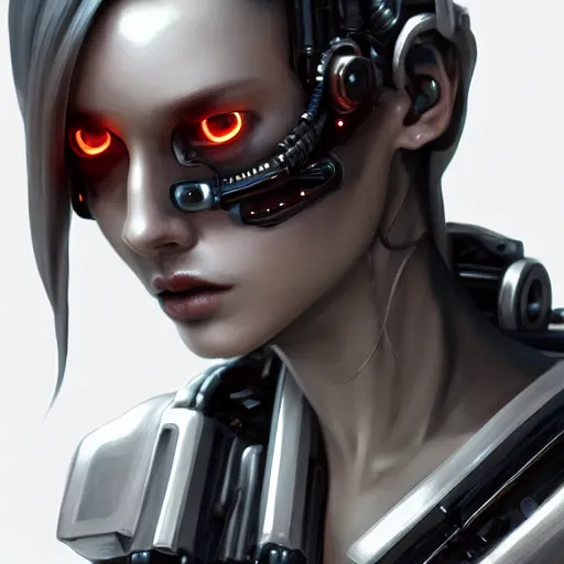 Image similar to Mechanical Cyberpunk Female Android, Half-Body, intricate, elegant, super highly detailed, professional digital painting, artstation, concept art, smooth, sharp focus, no blur, no dof, extreme illustration, Unreal Engine 5, Photorealism, HD quality, 8k resolution, cinema 4d, 3D, beautiful, cinematic, art by artgerm and greg rutkowski and alphonse mucha and loish and WLOP