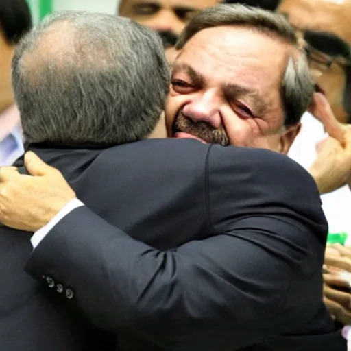 Image similar to Jair Bolsonaro hugging Luis Inacio Lula da Silva.