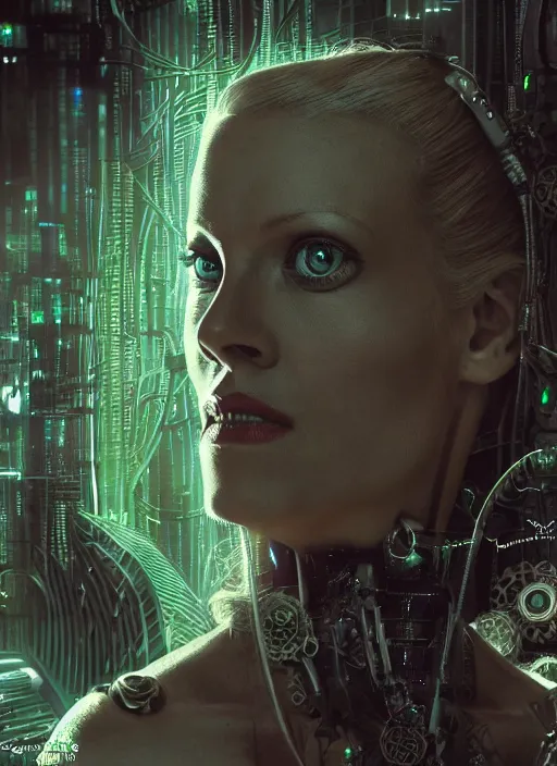 Image similar to 35mm portrait of a 7 of 9 borg with eye implant, on the background of a weird magical mechanical forest. Round gears visible inside her hear. Very detailed 8k. Fantasy cyberpunk horror.