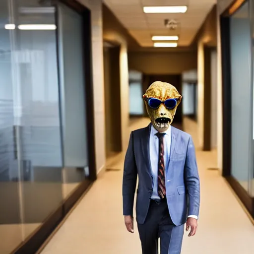 Prompt: a man in a business suit with a dinosaur head, wearing sunglasses, in a typical office hallway, instagram photo