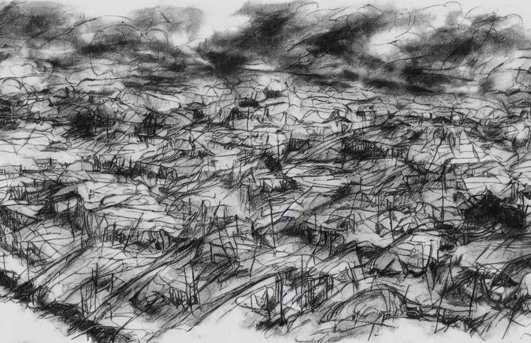 Image similar to milt kahl sketch of world war 1 trenches with the city of miami in the background