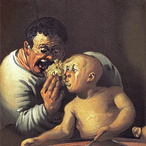 Prompt: homer devours his son, goya painting