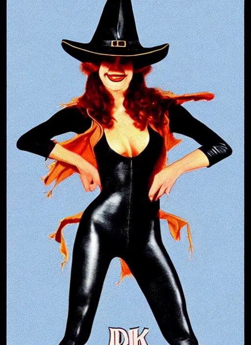 Prompt: perfectly centred realistic picture of a character dressed in leather tight suit and witch hat, dark,!! poster from 8 0 - s by waldemar swierzy,