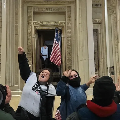 Image similar to tornado going into government building, papers flying around, people cheering for freedom