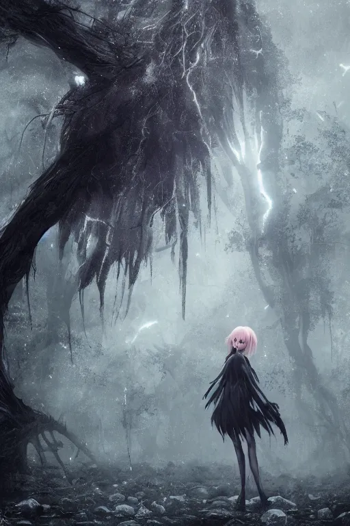 Prompt: plasma body, anime spectral female character, emerge from big old creepy tree, mist aura, black eyes melt, full body portrait, photorealistic, volumetric lighting, octane rendering, dark and mysterious, atmospheric, ominous, creepy, cinematic, real, concept art, Epic, 8k, 4k, ultra detail, ultra realistic, trading art station, rendered by awesomeness