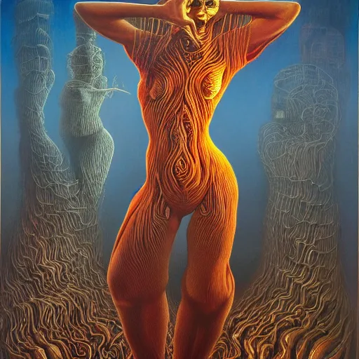 Image similar to a woman dancing with fire jacek yerka, alex gray, zdzisław beksiński, dariusz zawadzki, jeffrey smith and h.r. giger, oil on canvas, 8k highly professionally detailed, trending on artstation