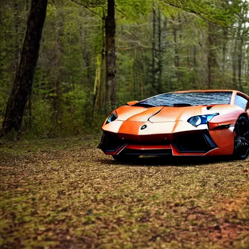 Image similar to lamborghini aventador abandoned in the middle of a forest by the lake