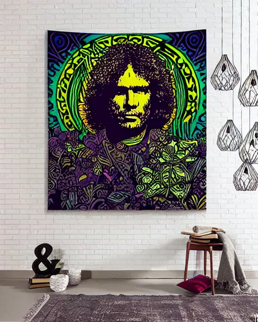 Image similar to portrait of jim morrison psychedelic blacklight poster, intricate, mushrooms, trees, by shepard fairey