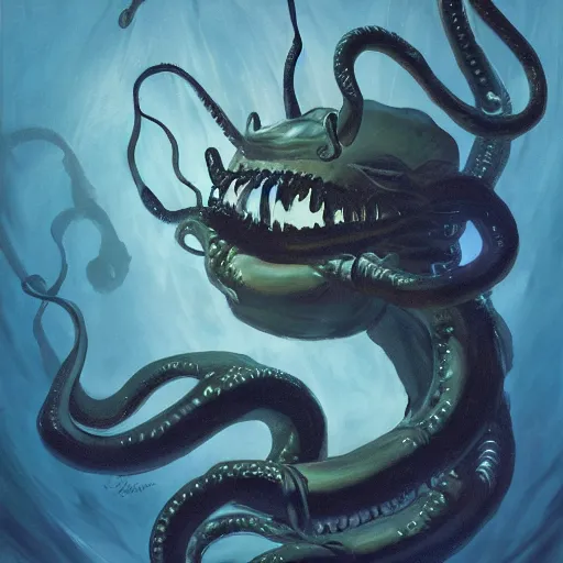 Prompt: Underwater Tentacle Pandomonium;Art by Greg Manchess, Art Direction by Jeremy Jarvis; painting spiraling inward; Deep sea horror; teeth and eyes; illustration; balanced negative space; perfect composition;