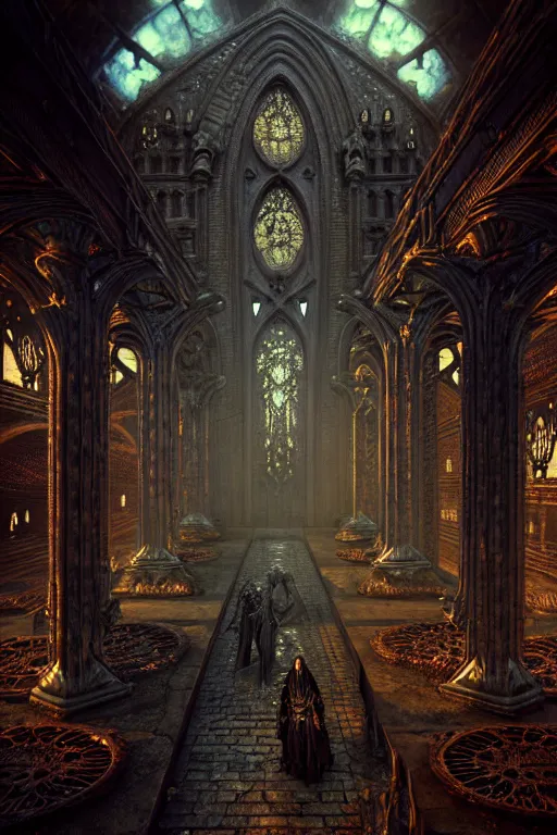 Image similar to steam necropolis, memento mori, gothic, neo - gothic, art nouveau, hyperdetailed copper patina medieval icon, stefan morrell, philippe druillet, ralph mcquarrie, concept art, steampunk, unreal engine, detailed intricate environment, octane render, moody atmospherics, volumetric lighting, ultrasharp, ominous, otherworldly