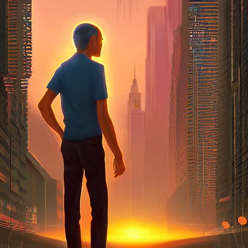 Image similar to futuristic portrait steve jobs standing cybercity, golden hour, poster by michael whelan and gilbert williams and evgeny lushpin and artgerm and alena aenami, 3 0 mm, well proportioned, highly detailed, rule of thirds, long exposure