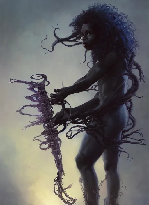 Image similar to fantasy changeling black kid with long curly hair playing electric guitar, half half, dim light, front game card, marvel comics, dark, intricate, highly detailed, smooth, artstation, digital illustration by ruan jia and mandy jurgens and artgerm and wayne barlowe and greg rutkowski and zdislav beksinski