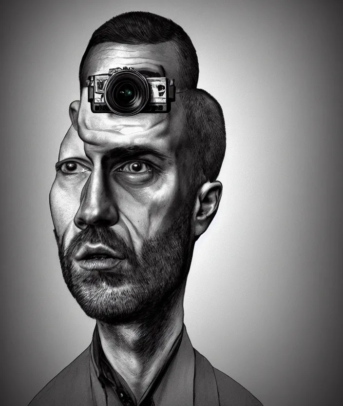 Image similar to man with camera for a head, hyper realism, fine details, concept art, digital art, deviantart artstation, very sharp, in the style of john pound,