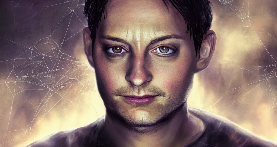 Image similar to portrait of Tobey Maguire as Arachne. Digital art, fantasy, epic, dramatic, volumetric lighting, trending on artstation, detailed, 8k