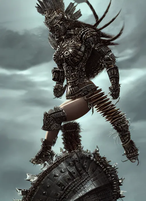 Prompt: fight, aztec warrior female , Aztec jaguar armor, barbarians at bottom, vertical composition, inspired by monster hunter and dark fantasy and mad max, beautiful muscular body, clean brutal blooded symmetrical face, subtle make up, epic,dramatic lighting, cinematic, establishing shot, extremely high detail, photorealistic, brutal, provocative , cinematic lighting, artstation, octane render, dark fantasy ,old photo, vintage, black and white, Boris vallejo