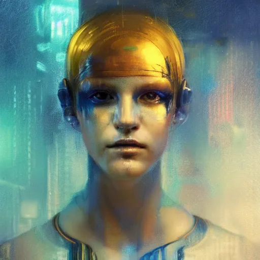 Prompt: female cyberpunk portrait by cy Twombly and BASTIEN LECOUFFE DEHARME, iridescent, volumetric lighting, blue and mustard