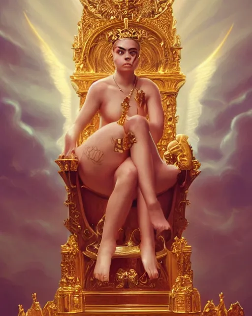 Image similar to cute chubby cara delevingne as a heavenly queen sitting on a golden throne, anatomy, bathed in light, highly detailed, photorealistic, artstation, smooth, sharp focus, illustration, unreal engine 5, 8 k, art by artgerm and greg rutkowski and edgar maxence