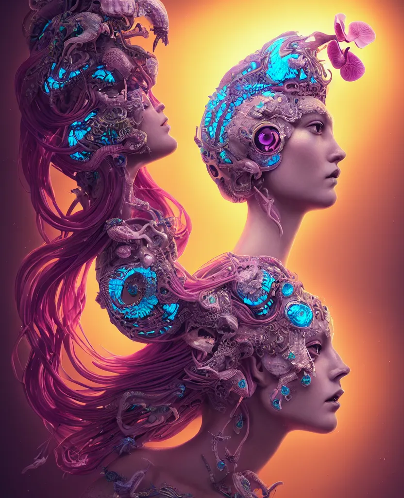 Image similar to goddess close-up portrait of princess face and ram skull. eyes. jellyfish phoenix head, nautilus, orchid, skull, betta fish, bioluminiscent creatures, intricate artwork by Tooth Wu and wlop and beeple. octane render, trending on artstation, greg rutkowski very coherent symmetrical artwork. cinematic, hyper realism, high detail, octane render, 8k