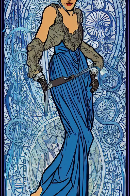 Prompt: delores from westworld in blue dress as a goddess of cyborg in alfons mucha style