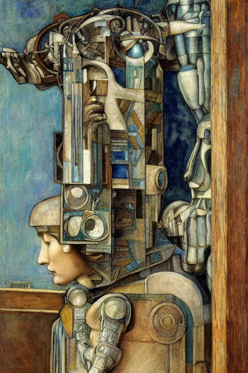 Image similar to the robot wearing her bone crown stands by the window , by Annie Swynnerton and Diego Rivera and Elihu Vedder, symbolist, dramatic lighting, elaborate geometric ornament, Art Brut, soft blues and greens,smooth, sharp focus, extremely detailed, Adolf Wölfli, octane render