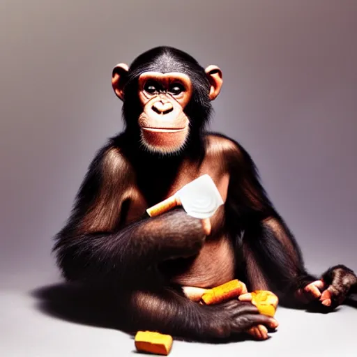 Image similar to a high detail portrait of a chimp wearing a suit 👔,and smoking🚬