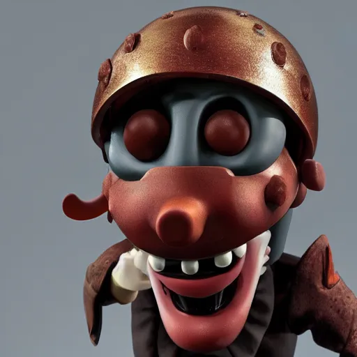 Image similar to scary Godlike masked and helmeted samurai in the style of Wallace and Gromit , award winning , post processing , suspenseful , masterpiece , octane rendered