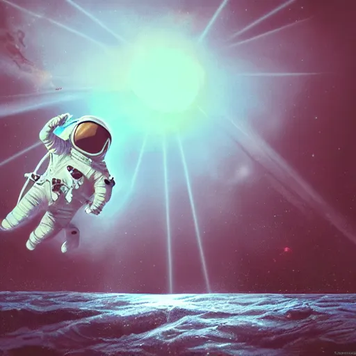 Image similar to an astronaut floating in the middle of deep water being hit by sun rays, trending on art station, atmosphere, concept art, photorealistic, high detailed