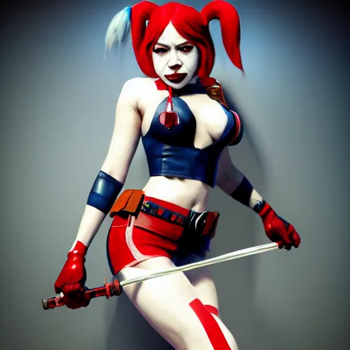 Prompt: detailed photograph of jennette mccurdy as harley quinn, 8 k, by greg rutkowski, artgerm, global illumination