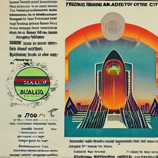 Prompt: advert for travelling to a solarpunk city in 70s art deco style
