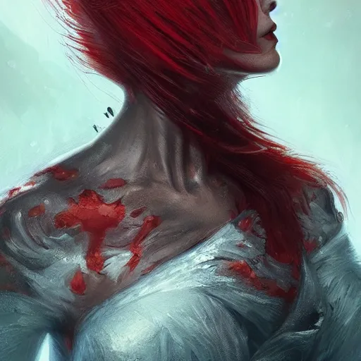 Prompt: head and shoulders, red hair, red eyes, woman, dark leather armor by june jenssen and anna podedworna, artstation